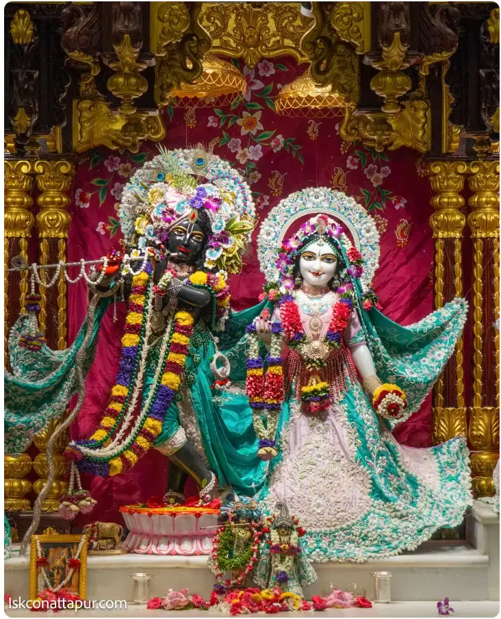 Radha Krishna deities adorned with flower garlands on temple altar with pink backdrop